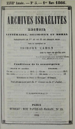 Archives israélites de France. Vol.27 N°05 (01 mars 1866)